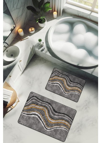 Yıkanabilir Kaymaz Tabanlı Modern Desenli 2'li Banyo Paspas Takımı BPS0030