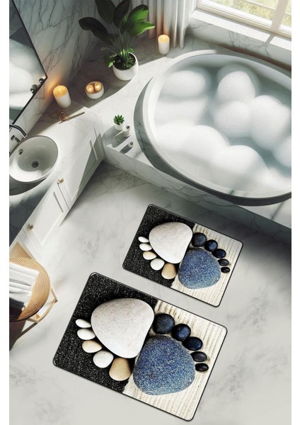 Yıkanabilir Kaymaz Tabanlı Modern Desenli 2'li Banyo Paspas Takımı BPS0035