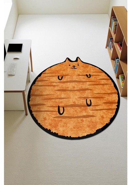 Kedi Desenli Yuvarlak Dijital Baskı Kaymaz Tabanlı Halı H0394