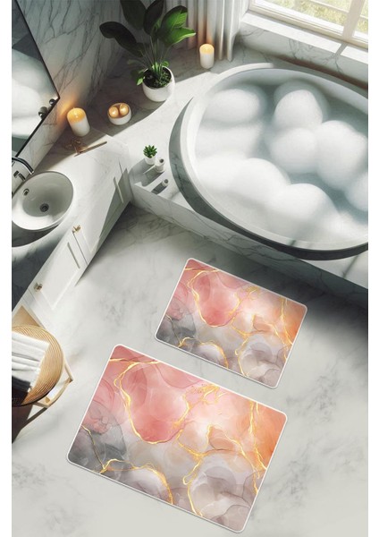 Yıkanabilir Kaymaz Tabanlı Modern Desenli 2'li Banyo Paspas Takımı BPS0020