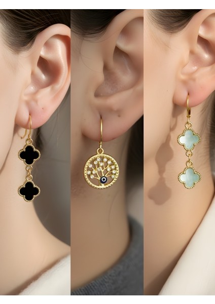 Siyah Yonca Turkuaz Yonca Hayat Ağacı Sembol Figürlü 3’lü Kadın Küpe Set