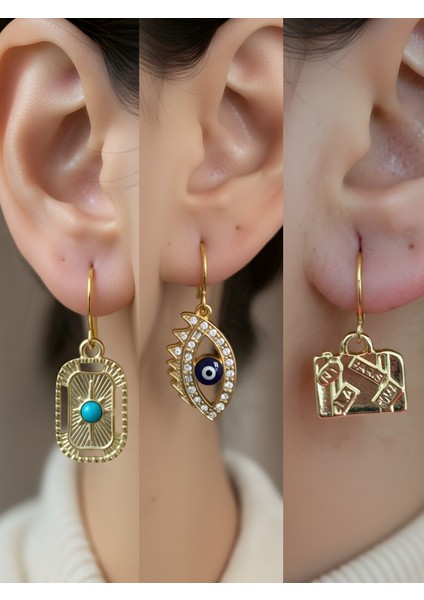 Bavul Tablet Kutup Yıldızı Nazar Göz Sembol Figürlü 3’lü Kadın Küpe Set