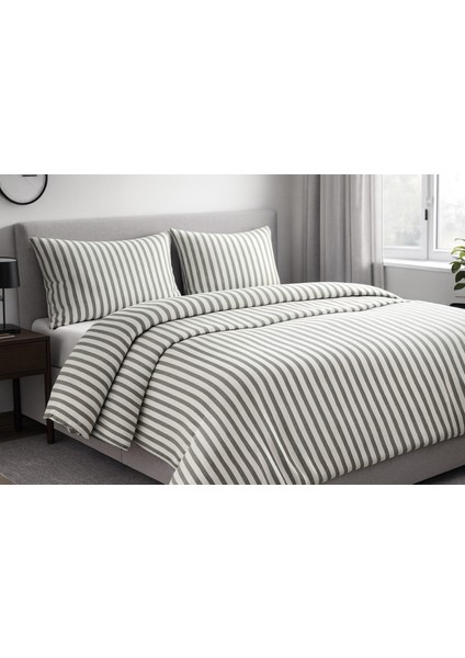 Yeşil Çizgili Keten Nevresim Takımı Çift Kişilik