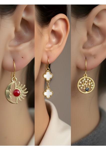 Beyaz Yonca Hayat Ağacı Ay Güneş Sembol Figürlü 3’lü Kadın Küpe Set