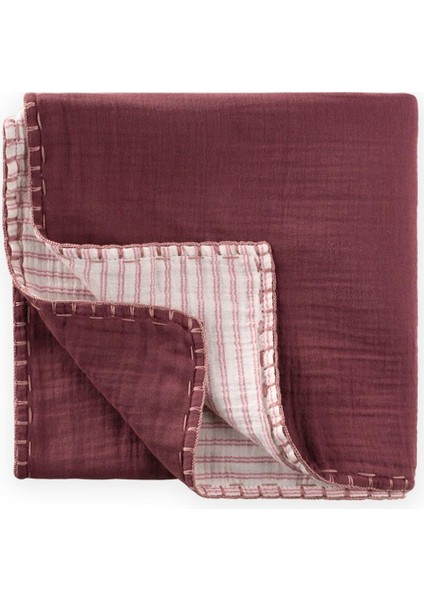Müslin Çift Taraflı El Işili Bebek Battaniye (Yıkanmıştır) 100X100 cm Mürdüm Çizgili