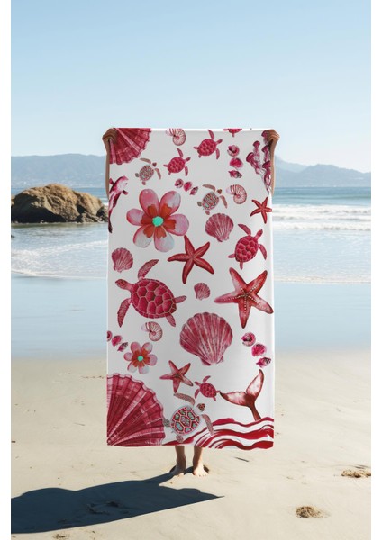 Dijital Baskı Plaj Deniz Havlusu Kaplumbağa ve Deniz Yıldızlı Peştamal HVL0125