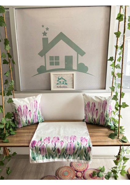 H1203 Pembe Mor Laleler Kırlent Runner 3lü Kombin