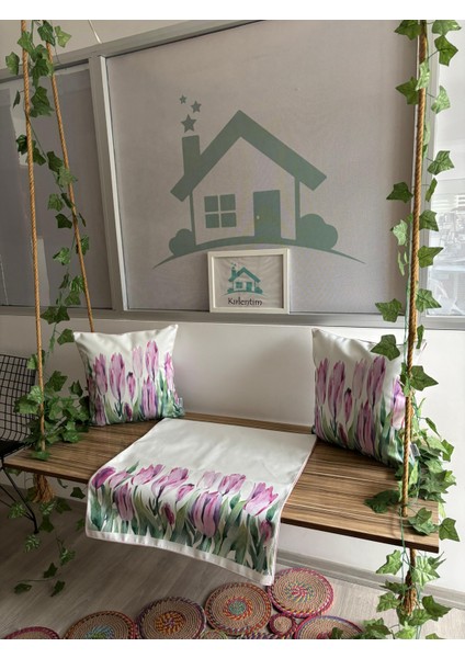 H1203 Pembe Mor Laleler Kırlent Runner 3lü Kombin modelleri