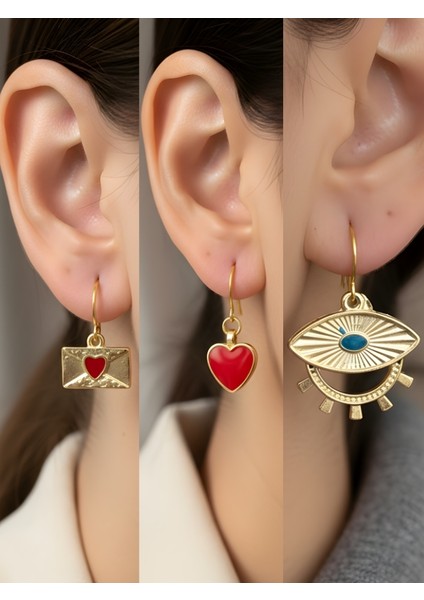 Göz Kırmızı Kalp Kalp Zarf Sembol Figürlü 3’lü Kadın Küpe Set