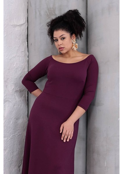 Büyük Beden Zarif Mor Elbise Modeli: Kayık Yaka & Truvakar Kol Krep Kumaş fiyatları