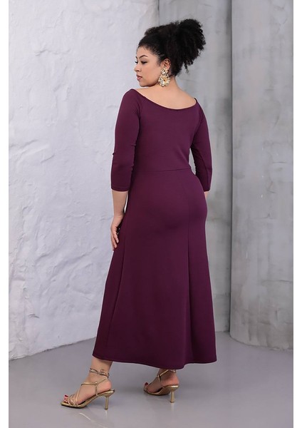 Büyük Beden Zarif Mor Elbise Modeli: Kayık Yaka & Truvakar Kol Krep Kumaş fırsatları