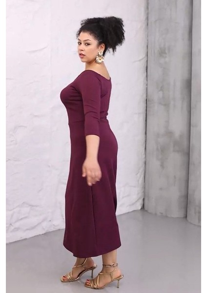 Büyük Beden Zarif Mor Elbise Modeli: Kayık Yaka & Truvakar Kol Krep Kumaş indirimleri