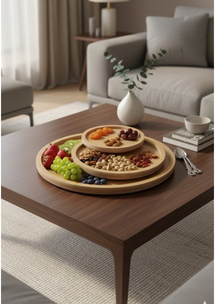 3 Parça Ahşap Sunumluk Servis Tepsisi Yuvarlak