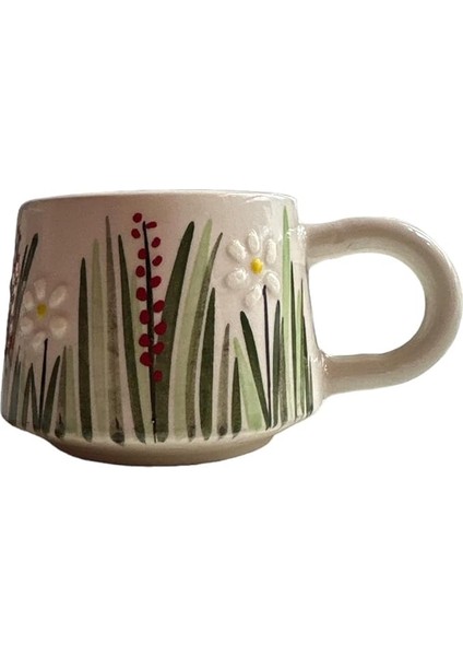 Yapımı Seramik Mug Kupa, 200 Ml, Özel Kabartmalı, Iznik Sanatının Muhteşem Örneği, Evinize Sanat Katın (Beyaz Papatya)