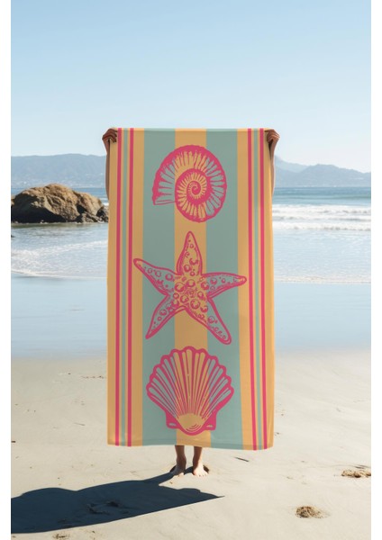 Dijital Baskı Plaj Deniz Havlusu Deniz Kabuğu Deniz Yıldızı Desenli Peştamal HVL0113