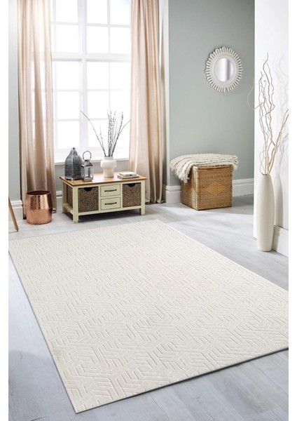 Rölyef Halı Yolluk Krem | Kaymaz Taban | Makinada Yıkanabilir | Salon, Mutfak & Koridor