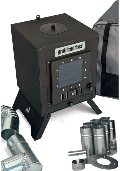 Kare Kamp ve Çadır Sobası – Katlanır Ayaklı, Borulu ve Büyük Camlı Odun Sobası Seti, Taşıma Çantalı