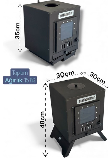 Kare Kamp ve Çadır Sobası – Katlanır Ayaklı, Borulu ve Büyük Camlı Odun Sobası Seti, Taşıma Çantalı modelleri