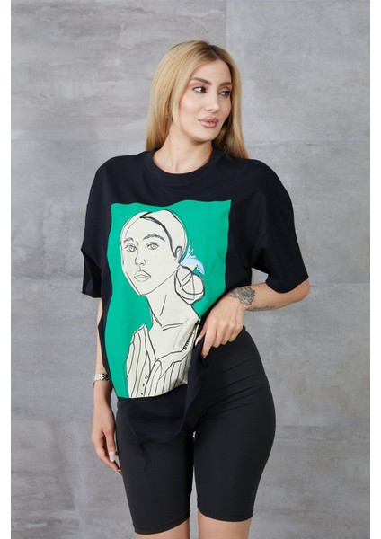 Kadın Silüet Baskılı Bisiklet Yaka Oversize T-Shirt fiyatları