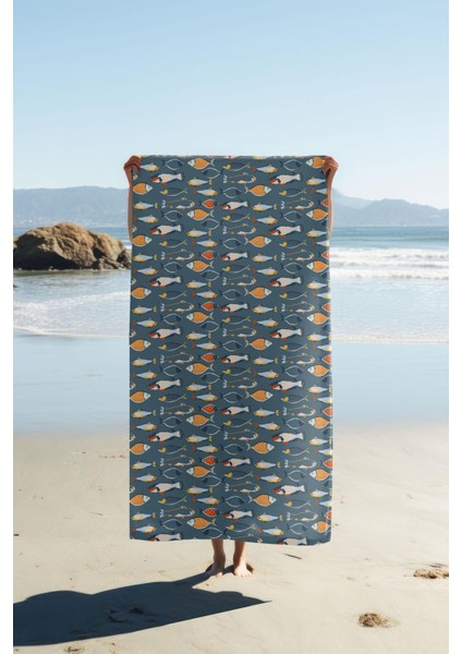 Dijital Baskı Plaj Deniz Havlusu Balık Desenli Peştamal HVL0070