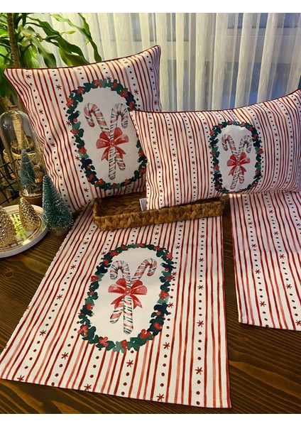 H1260 Pembe Çizgili Çelenk Içinde Renkli Baston Fiyonk Kırlent Runner 3lü Kombin Set