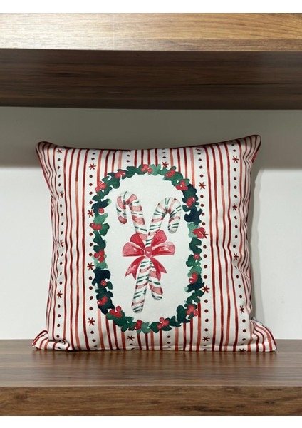 H1260 Pembe Çizgili Çelenk Içinde Renkli Baston Fiyonk Kırlent Runner 3lü Kombin Set fiyatları