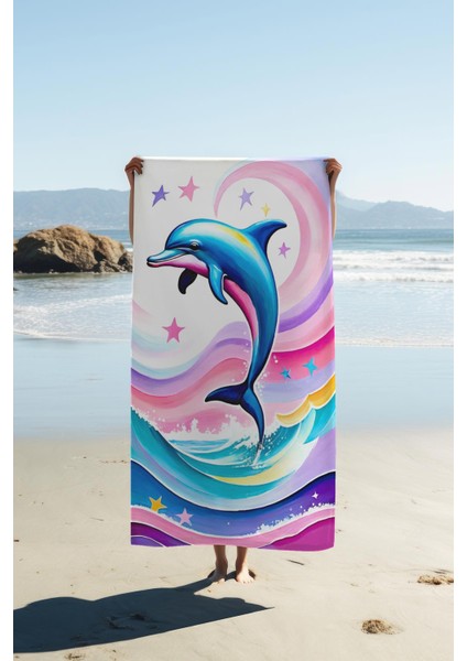 Dijital Baskı Plaj Deniz Havlusu Yunus Balığı Desenli Peştamal HVL0119