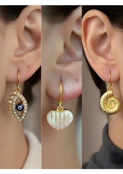 Deniz Kabuğu Beyaz Kalp Nazar Göz Sembol Figürlü 3’lü Kadın Küpe Set