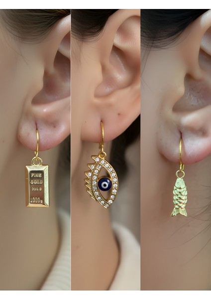 Balık Nazar Göz Külçe Altın Sembol Figürlü 3’lü Kadın Küpe Set