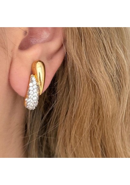 Tasarım Çift Renk Zirkon Taşlı Damla Küpe