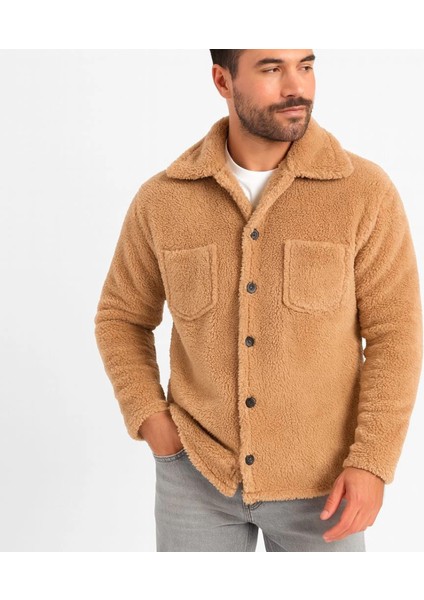 Erkek Pelüş Polar Hırka Gömlek – Yakalı, Ilik Düğmeli, Göğüs Cepli, Yumuşak Dokulu Kışlık Regular Fit Rahat Günlük Model - Açık Kahve