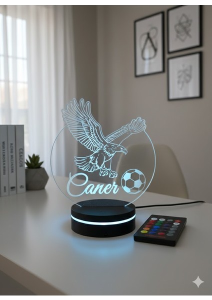 Kişiye Özel Isimli Futbol Kartal 3D LED Lamba Gece Lambası (Kumandalı, Çok Renkli)