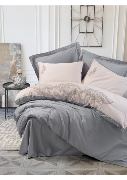 Nakışlı Çift Kişilik Saten Nev Takımı Sheen Gri
