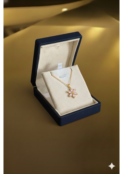 (Premium Işıklı Kutulu) 925 Ayar Gümüş Pembe Taşlı 18 Ayar Gold Kaplama Lotus Çiçeği Kadın Kolye