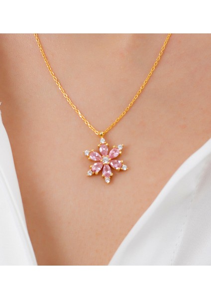 (Premium Işıklı Kutulu) 925 Ayar Gümüş Pembe Taşlı 18 Ayar Gold Kaplama Lotus Çiçeği Kadın Kolye fiyatları