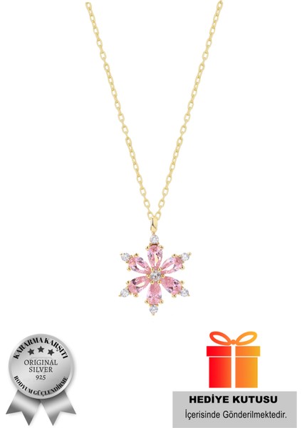 (Premium Işıklı Kutulu) 925 Ayar Gümüş Pembe Taşlı 18 Ayar Gold Kaplama Lotus Çiçeği Kadın Kolye modelleri