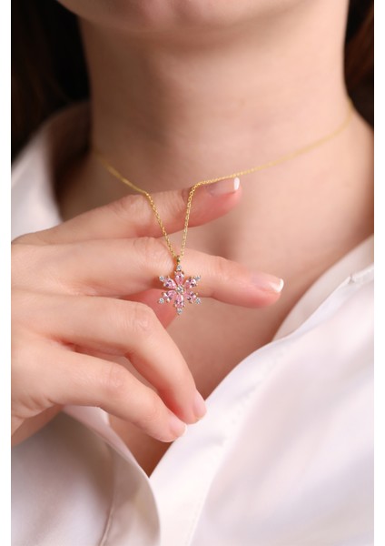 (Premium Işıklı Kutulu) 925 Ayar Gümüş Pembe Taşlı 18 Ayar Gold Kaplama Lotus Çiçeği Kadın Kolye fırsatları
