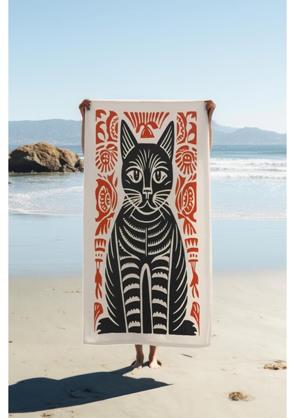 Dijital Baskı Plaj Deniz Havlusu Kedi Desenli Peştamal HVL0139