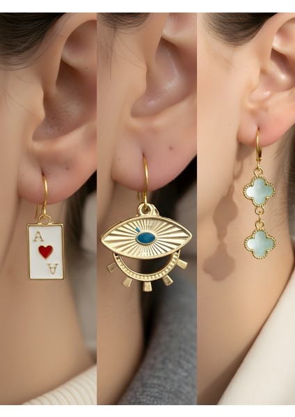 Turkuaz Yonca Göz Kupa As Sembol Figürlü 3’lü Kadın Küpe Set