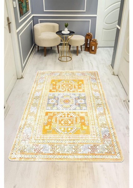 Parlak Kadife Kumaş Dijital Baskı Vintage Desenli Dot Kaymaz Tabanlı Halı H1133