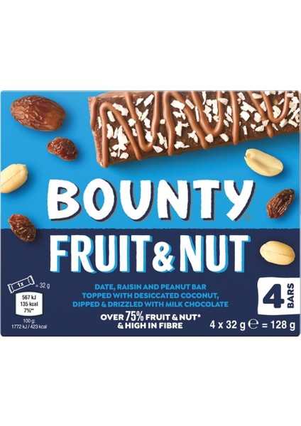 Fruit & Nut 128G (4 x 32G Bar) – Hindistan Cevizli Hurmalı Fıstıklı Bar