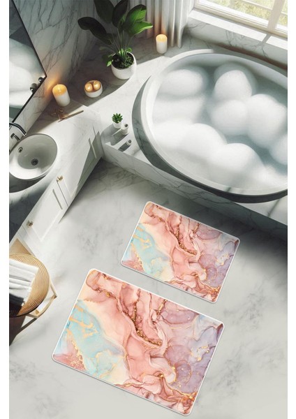 Yıkanabilir Kaymaz Tabanlı Modern Desenli 2'li Banyo Paspas Takımı BPS0034