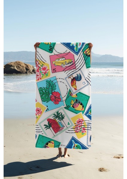 Dijital Baskı Plaj Deniz Havlusu Posta Pulu Desenli Peştamal HVL0094