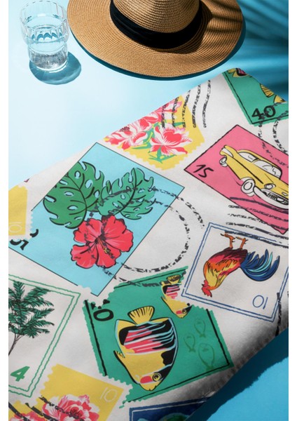 Dijital Baskı Plaj Deniz Havlusu Posta Pulu Desenli Peştamal HVL0094 fiyatları