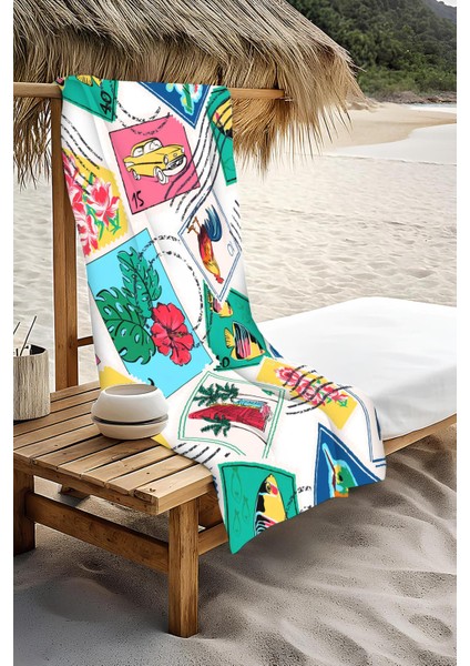 Dijital Baskı Plaj Deniz Havlusu Posta Pulu Desenli Peştamal HVL0094 modelleri