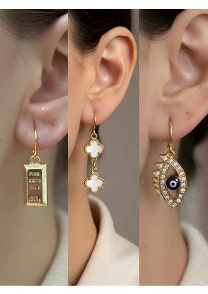 Beyaz Yonca Nazar Göz Külçe Altın Sembol Figürlü 3’lü Kadın Küpe Set