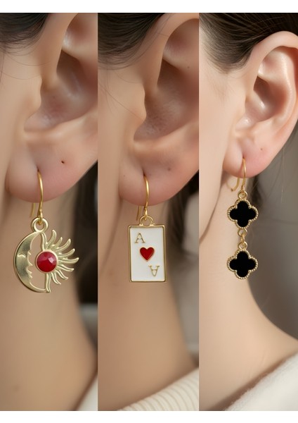 Siyah Yonca Kupa As Ay Güneş Sembol Figürlü 3’lü Kadın Küpe Set