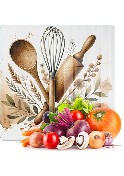 Cam Kesme Tahtası ve Sunumluk Kare Kitchenware Desenli 30 x 30 cm