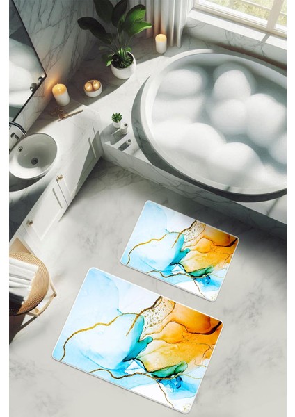 Yıkanabilir Kaymaz Tabanlı Modern Desenli 2'li Banyo Paspas Takımı BPS0023