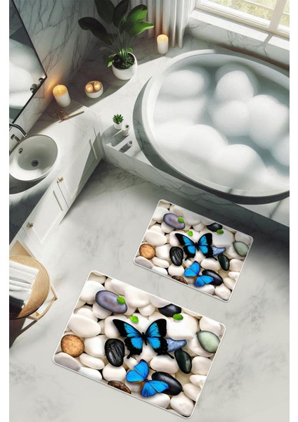 Yıkanabilir Kaymaz Tabanlı Modern Desenli 2'li Banyo Paspas Takımı BPS0032